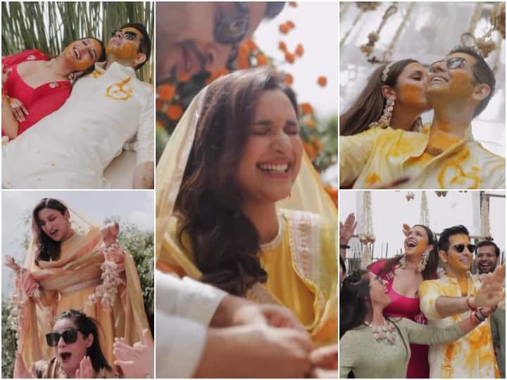 Parineeti Chopra Raghav Chadha actress kissed husband Haldi Choora Ceremony Unseen Video भाईयों ने बांधे हाथों में कलीरे, Parineeti Chopra ने किया Raghav Chadha को किस, सामने आया कपल की हल्दी-चूड़ा सेरेमनी का अनसीन वीडियो
