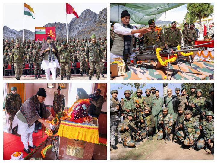 Defence Minister Rajnath Singh performed 'Shastra Puja' on the occasion of Vijayadashmi in Arunachal Pradesh while IAF chief VR Chaudhuri visited the Armed Forces station in J&K's Uri and Kupwara