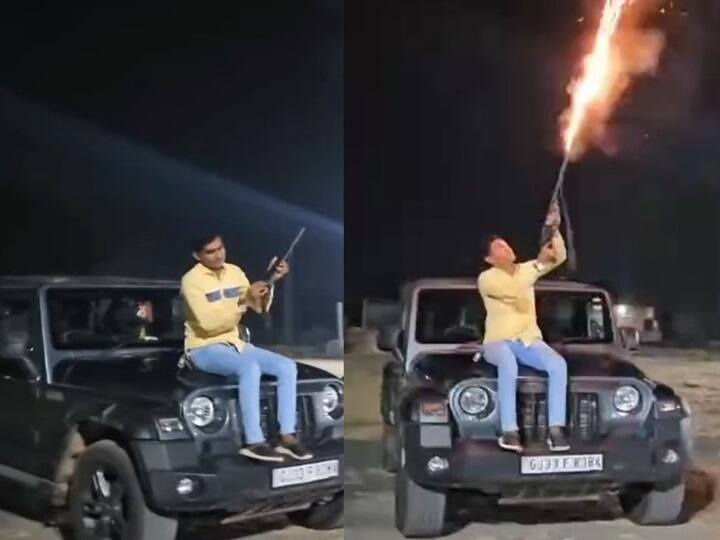 A video of him sitting on top of a car in Botad and firing a gun in the air has gone viral Botad: કાયદાના ધજાગરા, કાર ઉપર બેસીને બંદૂકથી હવામાં ફાયરિંગ કરતો વીડિયો થયો વાયરલ