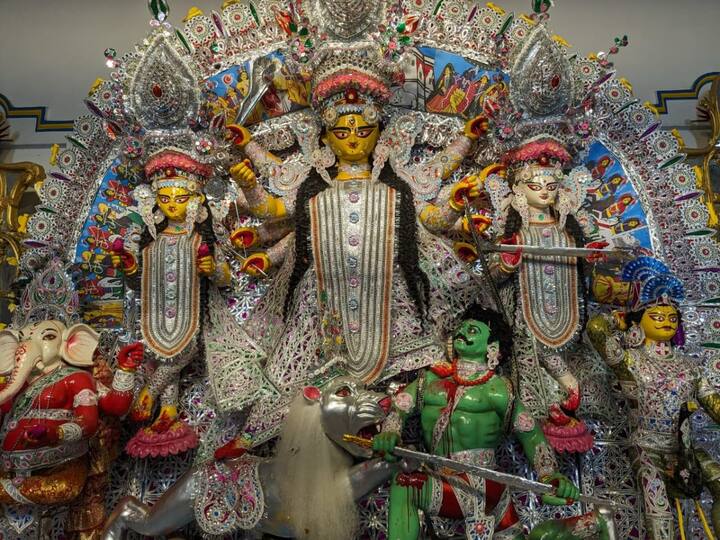 In the heart of North Kolkata's alleyways stands the idol of Shobhabajar Rajbari, a sight to behold as it bids farewell with grandeur and splendour. (Image Source: Utsa Ganguly)