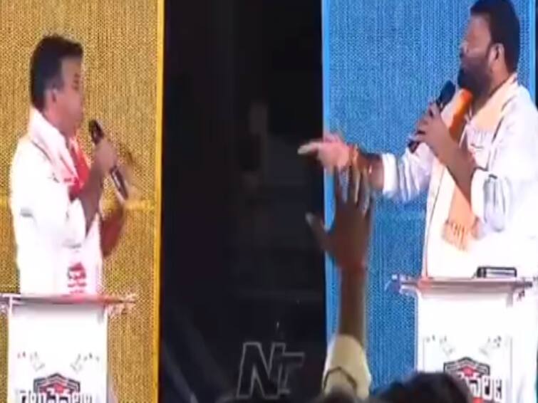Telagana KCR party MLA grabs BJP candidate by throat in live debate video viral Watch Video: நேரலை நிகழ்ச்சியில் அடிதடி: பாஜக வேட்பாளரை கழுத்தை நெரித்த ஆளுங்கட்சி எம்.எல்.ஏ. - அதிர்ந்து போன மக்கள்!