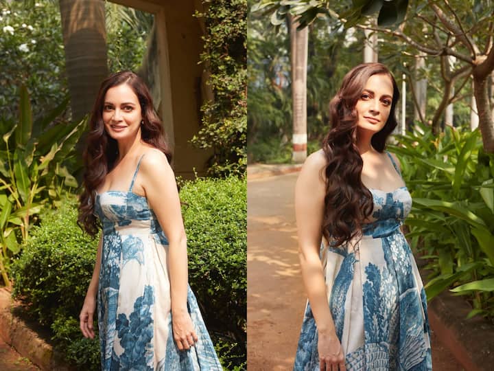 Dia Mirza treated fans with pictures of herself in a blue-white printed dress.
