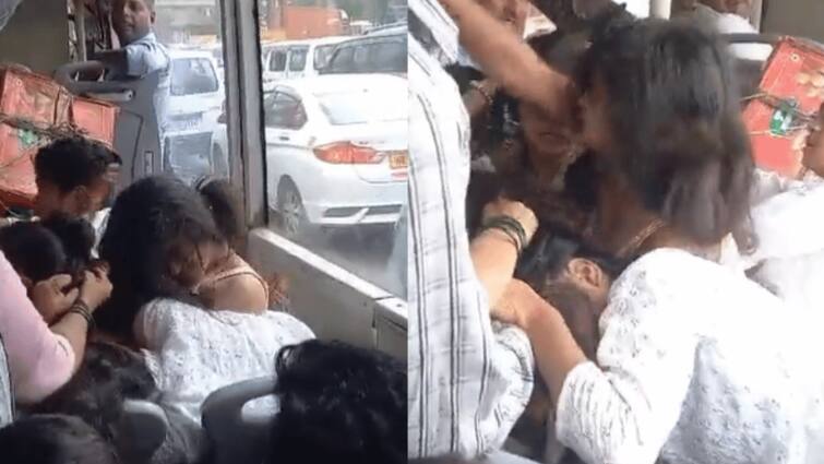 Women fight in delhi bus hair pulling slaps women in delhi govt bus create wwe fight over seat watch viral video Women Fight : बसमध्ये महिलांची फ्री-स्टाईल हाणामारी, सीटसाठी WWE फाईट; व्हिडीओ तुम्ही पाहिला का?
