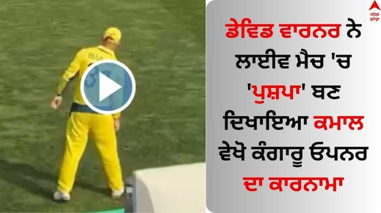 ODI WC 2023 AUS vs NZ David Warner performs iconic dance step from Pushpa David Warner Pushpa Dance: ਡੇਵਿਡ ਵਾਰਨਰ ਨੇ ਲਾਈਵ ਮੈਚ 'ਚ 'ਪੁਸ਼ਪਾ' ਬਣ ਜਿੱਤਿਆ ਦਿਲ, ਵੀਡੀਓ 'ਚ ਦੇਖੋ ਕੰਗਾਰੂ ਓਪਨਰ ਦਾ ਕਾਰਨਾਮਾ