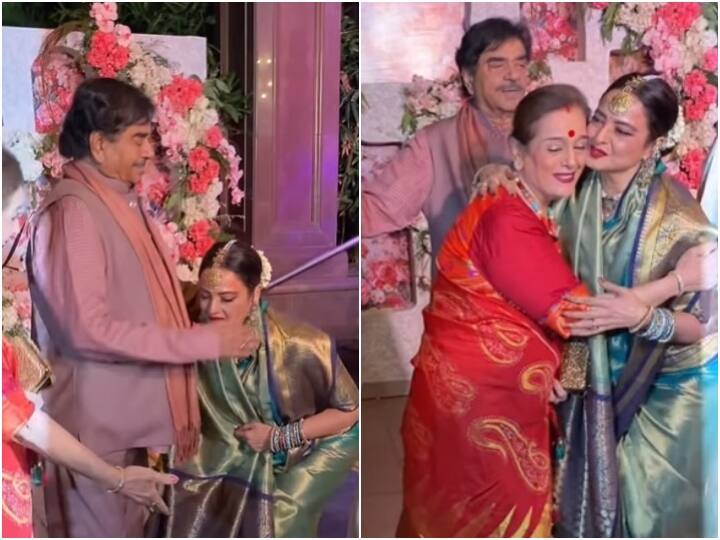 rekha touched shatrughan sinha feet during the wedding reception party of Leslie Timmins video viral बीच पार्टी में Rekha ने छुए Shatrughan Sinha के पैर, पूनम ने लगा लिया गले, हैरान रह गए लोग