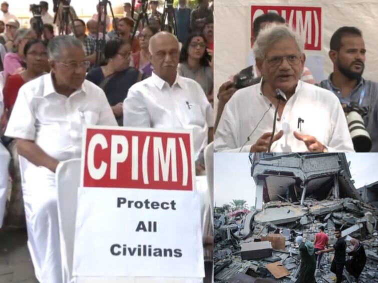 Kerala CM vijayan sitaram yechury CPI M Leaders Protest In Delhi Seek End To Israel's Barbarity In Gaza Against Palestinians Kerala CM, Other CPI(M) Leaders Protest In Delhi, Seek 'End To Israel's Barbarity In Gaza Against Palestinians'