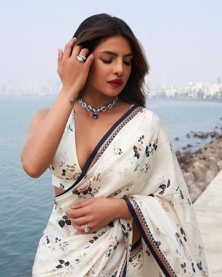 ఈ బ్యూటీఫుల్ శారీకి డీప్నెక్ బ్లౌజ్ని పెయిర్ చేసింది.