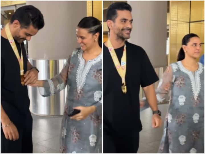 angad bedi wins gold medal in 400 meter race neha dupia welcomes her husband at airport video viral Video: 400 मीटर दौड़ में Angad Bedi ने जीता गोल्ड मेडल, तो पत्नी Neha Dhupia ने ऐसा किया स्वागत, पिता को याद कर भावुक हुए एक्टर