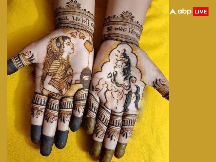 करवा चौथ के पर्व के मौके पर आप शिव पार्वती के ये लेटेस्ट डिजाइन भी मेंहदी पर बनवा सकते हैं. एक हाथ पर शिव जी और एक हाथ पर पार्वती जी का ये डिजाइन बिलकुल नया है.