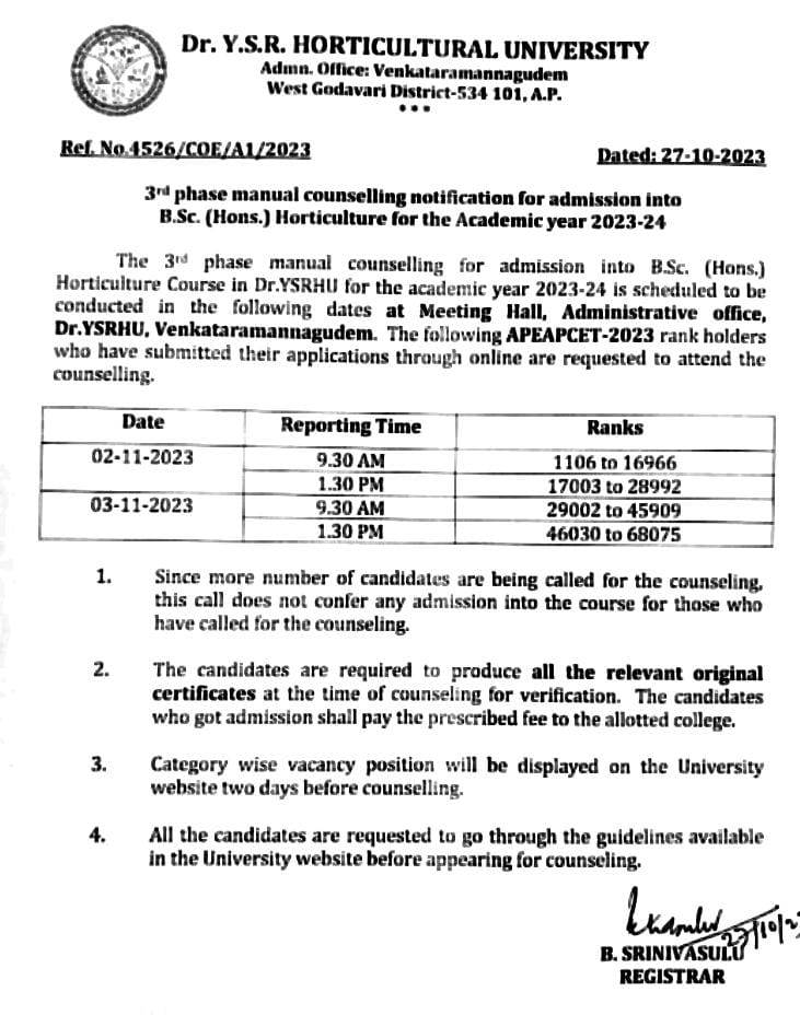 YSRHU: నవంబర్‌ 2, 3 తేదీల్లో హార్టికల్చర్ కోర్సుల్లో ప్రవేశాలకు కౌన్సెలింగ్‌, వివరాలు ఇలా