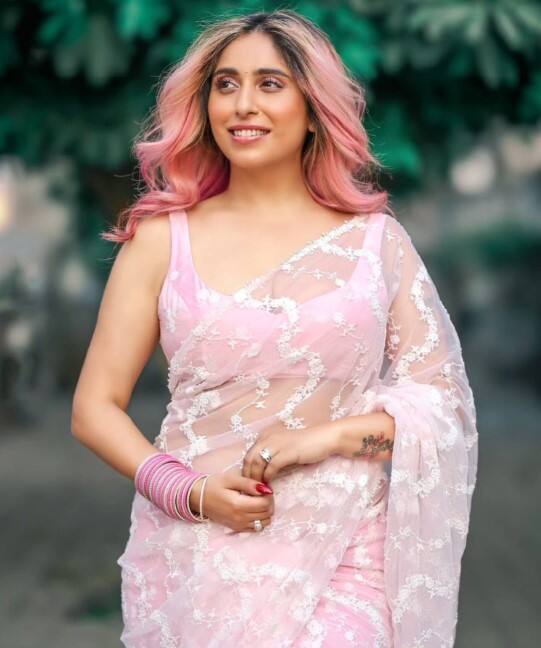 પિંક કલરના સાડી લૂકમાં નેહા ભસીન ખૂબ જ બોલ્ડ લાગી રહી છે.