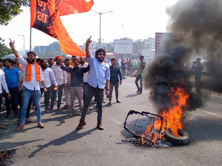 Maharashtra police books around 400-500 persons for allegedly blocking a stretch of the Mumbai-Bengaluru National Highway and burning tyres during a protests seeking Maratha reservation. (Image Credit: PTI)