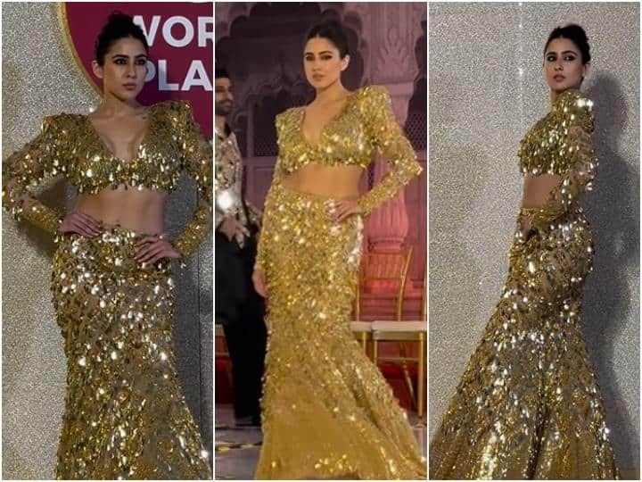  Sara Ali Khan Troll For Her Ramp Walk in golden outfit in Jio World Plaza Event 'इसकी वॉक में भी ओवरएक्टिंग है',  इवेंट में गोल्डन आउटफिट में  रैम्प वॉक कर बुरी तरह ट्रोल हुईं  Sara Ali Khan