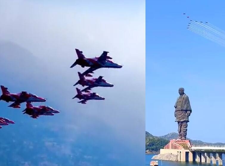 Live Kirtan Video: Indian Air Force navy air drill in the sky in the Statue of Unity during ekta diwas celebration program with pm modi Aerial View: સ્ટેચ્યૂ ઓફ યૂનિટી ખાતે ફાઇટર પ્લેનોનું અદભૂત હવાઇ કરતબ, પ્રતિમા પર કરી પુષ્પવર્ષા, જુઓ તસવીરો...