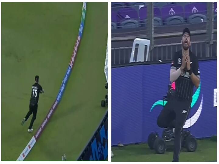 Daryl Mitchell's sensational catch on the boundary to dismiss David Miller during NZ vs SA clash Video Highlights of the Day Watch Video: மிரட்டலாக கேட்ச் பிடித்த மிட்செல்! மிரண்டு போன மில்லர் - மைதானத்தில் நடந்தது இதுதான்!