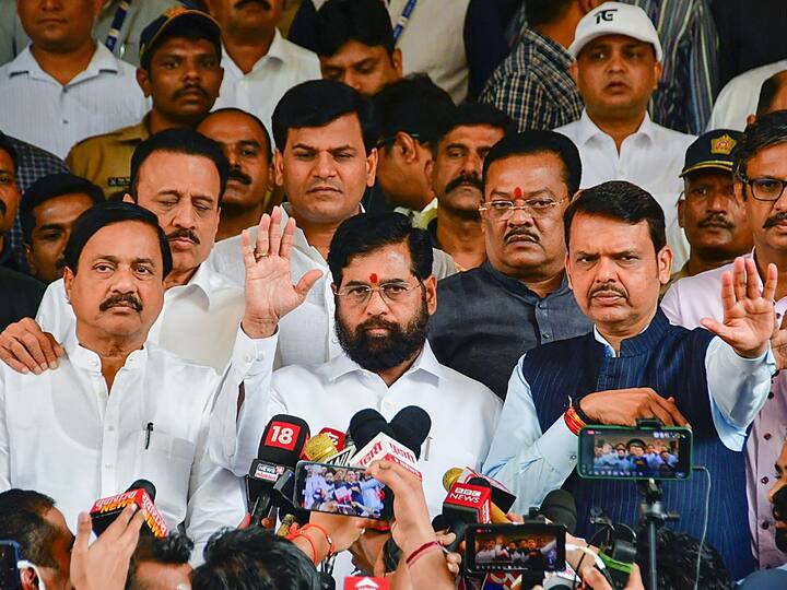 Maharashtra Chief Minister Eknath Shinde with Deputy Chief Minister Devendra Fadnavis and others address the media after all-party meeting on Maratha reservation in Mumbai. The CM says all parties have come together to a decision that Maratha community should be given reservation, but without any injustice to other communities. (Image Credit: PTI)