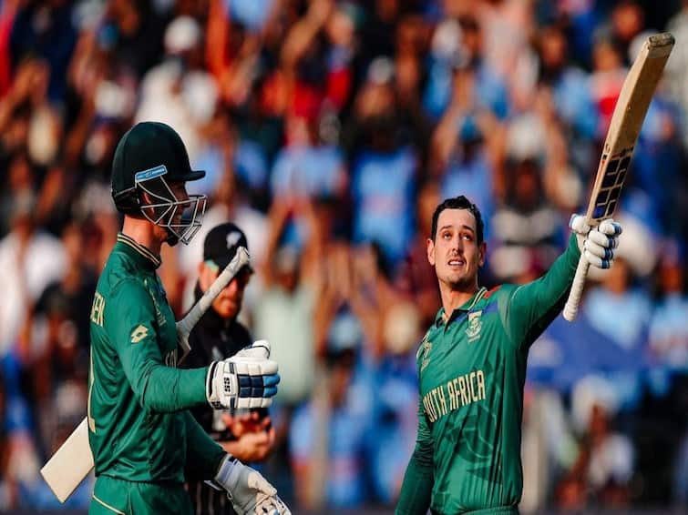 SA vs NZ Innings Highlights Nov 1 ODI World Cup 2023 South Africa Sets Target XXX Runs Against New Zealand Quinton De Kock Cent SA vs NZ Innings Highlights: டி காக் - வான்டெர் டு சென் அதிரடி... இமாலய இலக்கை நியூசிலாந்துக்கு நிர்ணயித்த தென்னாப்பிரிக்கா!