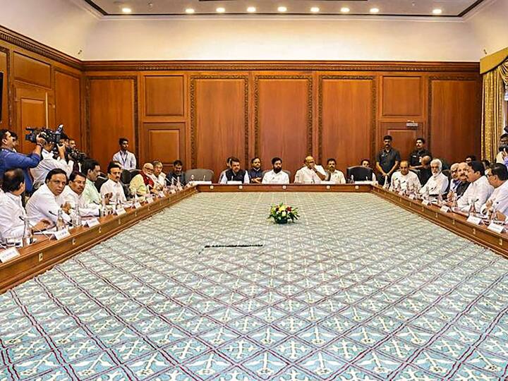 Maharashtra Chief Minister Eknath Shinde with Deputy Chief Minister Devendra Fadnavis, NCP chief Sharad Pawar and others during an all-party meeting on Maratha reservation in Mumbai on Wednesday. (Image Credit: PTI)