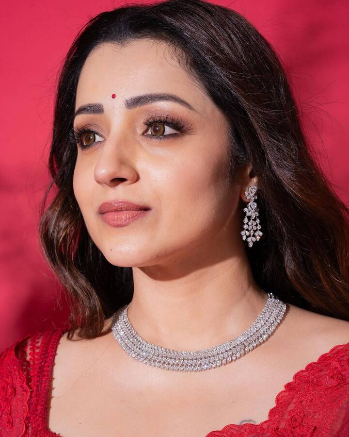 வைரம் போன்ற கற்களால் செய்யப்பட்ட நெக்லஸ், கம்மல், மோதிரம் ஆகியவற்றை அணிந்திருந்தார்.