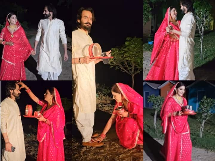 Sapna Choudhary, dressed like a bride in red lehenga, took blessings from her husband by touching his feet on Karva Chauth.