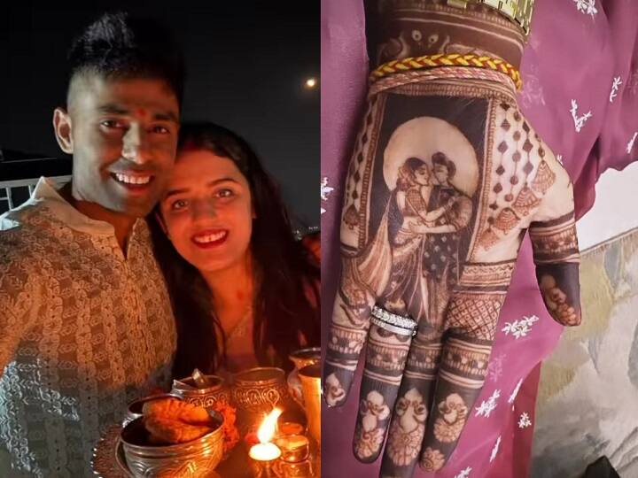 सूर्यकुमार यादव ने करवा चौथ पर अपनी पत्नी देविशा के साथ तस्वीर इंस्टाग्राम पर शेयर की. देविशा ने भी अपनी मेहंदी से लेकर पूजा की थाली तक के कई फोटो इंस्टा स्टोरी पर शेयर किए.