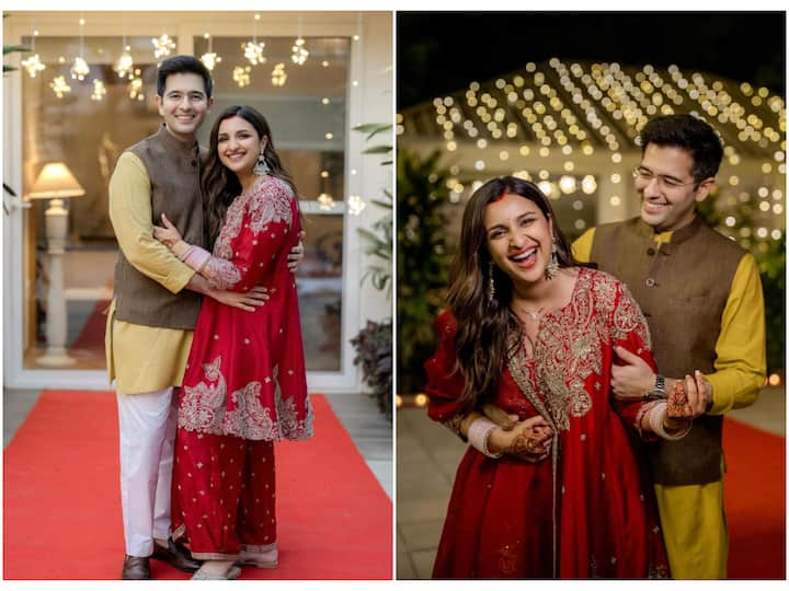 Newlyweds Parineeti Chopra and Raghav Chadha celebrated their first Karwa Chauth together on Wednesday. The couple shared glimpses of their celebration on Instagram.