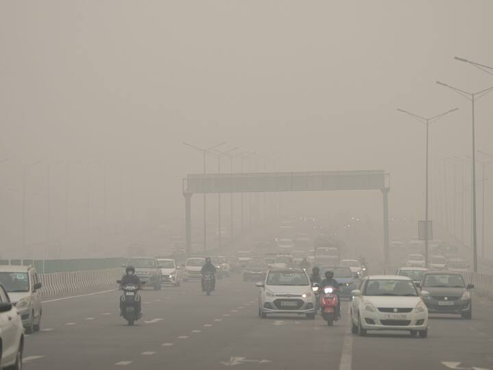 Commuters on a road shrouded in smog in Delhi on Friday morning. (Source: PTI)