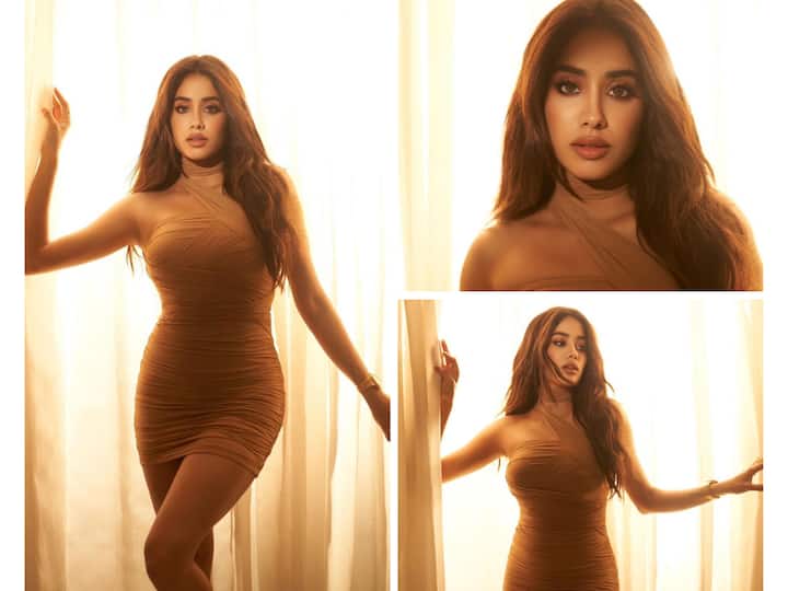 Janhvi Kapoor makes heads turn as she poses in a light brown mini dress.