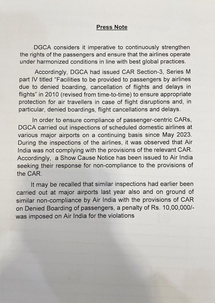 DGCA Issues Show Cause Notice To Air India For Violation Of Civil Aviation Requirement