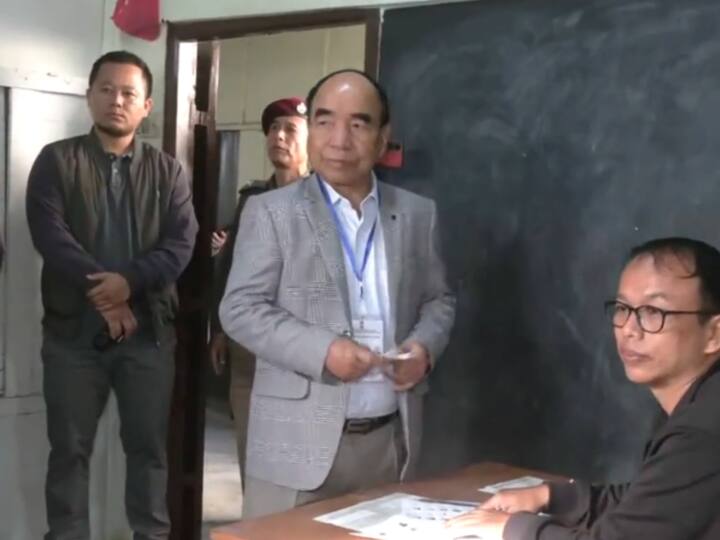 Chief Minister Zoramthanga at 19-Aizawl Venglai-I YMA Hall polling station under Aizawl North-II assembly constituency to cast his vote. However, he couldn’t cast a vote as the machine wasn’t working, so he decided to head back after visiting his constituency. (Source: ANI)