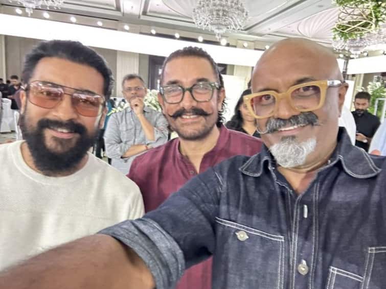 Aamir Khan attends Kamal Haasan birthday bash in Chennai poses with Ghajini Suriya Aamir Khan: 