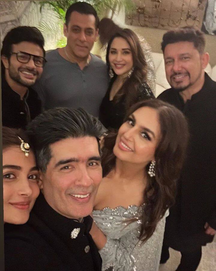Salman Khan, Madhuri Dixit, Shriram Nene, Huma Qureshi, Pooja Hegde and Manish Malhotra pose for a selfie.