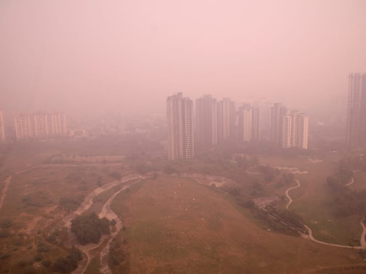 Noida's skyline also remained blur with thick layer of haze. Image Source: PTI