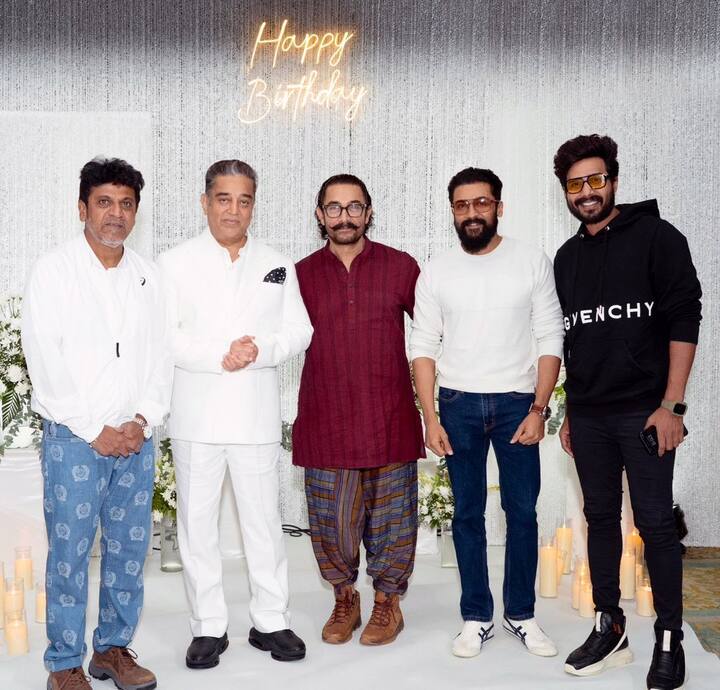 கன்னட சினிமாவில் ஜொலிக்கும் சிவராஜ்குமார், பாலிவுட்டில் அசத்தும் ஆமீர் கான், கோலிவுட்டை கலக்கும் சூர்யா, வெண்ணிலா கபடி குழு விஷ்ணு விஷால் ஆகியோர் கமல்ஹாசனுடன் எடுத்துக்கொண்ட புகைப்படம்தான் இது.