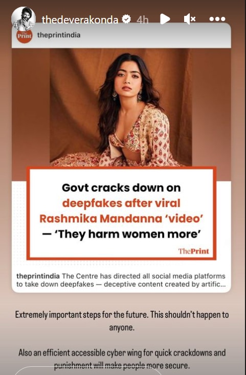 Vijay Deverakonda Slams Co-Star Rashmika Mandanna’s Deepfake Clip, Says 'Shouldn't Happen To Anyone