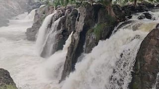 ஒகேனக்கல் அருவிகளில் ஆர்ப்பரித்துக் கொட்டும் நீர் - பரிசல் இயக்க மாவட்ட நிர்வாகம் தடை