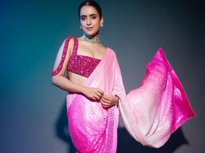 Sanya Malhotra is a desi Barbie in a sequined saree by fashion designer Manish Malhotra.