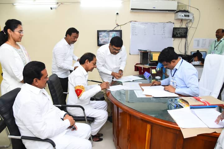 BRS superemo KCR filed nominations for both Gajwel and Kamareddy Assembly constituencies on Thursday (Credit: Twitter/@BRS)