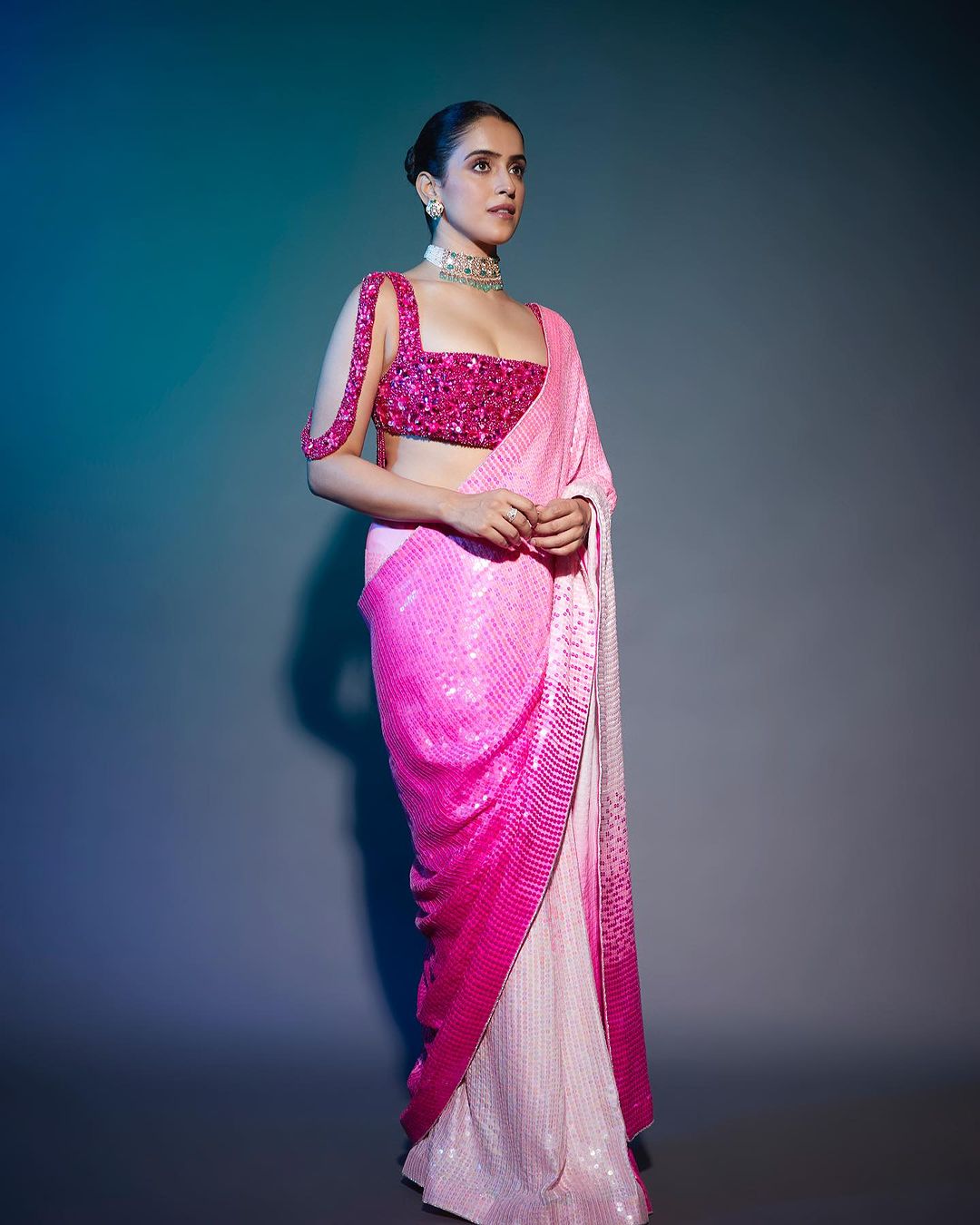 EE-S23324 Tomato Pink Sequin saree – sakhifashions