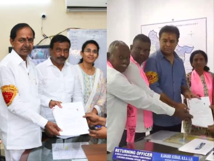 Telangana CM K Chandrashekar Rao and BRS leader KT Rama Rao filed their nomination papers for Telangana Assembly Elections scheduled for November 30 on Thursday.