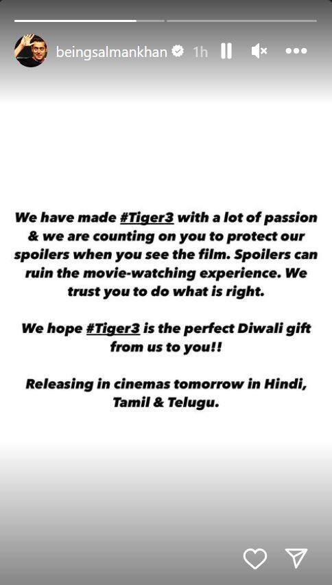 Salman Khan Requests Fans To Not Share Spoilers After Watching Tiger 3; Calls Movie 'Diwali Gift