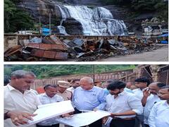 குற்றாலம் மெயின் அருவி அருகே தீக்கிரையாகிய கடைகள்..! உயர்நீதிமன்ற உத்தரவுபடி ஆய்வு செய்த ஆணையர்கள்..!