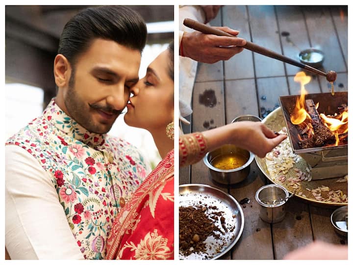 Ranveer Singh posted photos with Deepika Padukone,performing the traditional Laxmi Puja during Diwali.