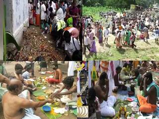 தேனியில் அமாவாசை திதி, தர்ப்பணம் செய்ய வந்த மக்கள்.அருவியில் குளிக்க தடையால் ஆற்றங்கரையோரத்தில் வழிபாடு