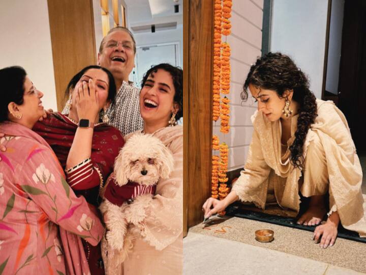 Sanya Malhotra can be seen drawing rangoli and having fun with her family.