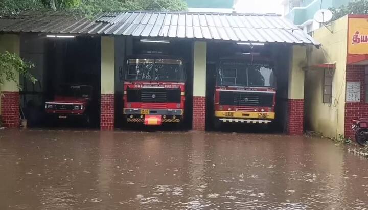 The Mayiladuthurai fire station found itself encircled by water due to the absence of proper drainage facilities (Credit: ABP Nadu)