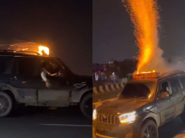 Viral Video Gurugram men burst crackers atop moving car on Diwali Viral Video: కార్‌పై క్రాకర్స్‌ కాల్చిన ఆకతాయిలు,రోడ్డుపై గట్టిగా కేకలు వేస్తూ నానా రచ్చ - వీడియో వైరల్