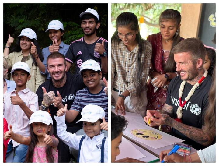 Football star David Beckham, who is also a UNICEF Goodwill Ambassador, travelled to India to meet changemaker kids in Gujarat. He was seen enjoying the semi-final between India and New Zealand today.