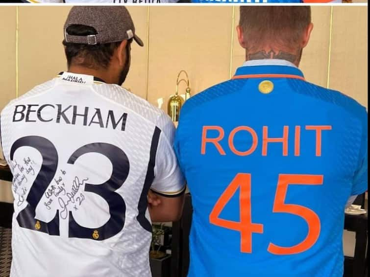 Rohit Sharma David Beckham Exchange Jerseys Before IND vs NZ World Cup Semi-Final Picture Goes Viral Real Madrid Rohit Sharma, David Beckham Exchange Jerseys Before IND vs NZ World Cup Semi-Final, Picture Goes Viral