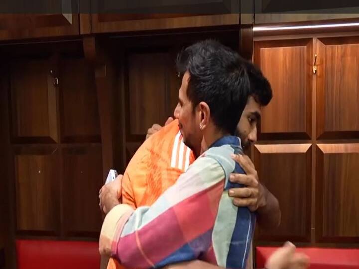 Following India's 70-run win over New Zealand in the World Cup 2023 semifinal against New Zealand, scenes in the dressing room was celebratory and full of emotions. Yuzvendra Chahal who was at the venue visited the change room after the match and exchanged a hug with several players including Jasprit Bumrah. (IMAGE SOURCE: Instagram/IndianCricketTeam)